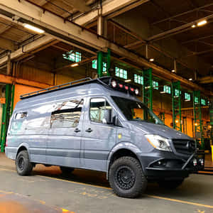 消光灰色 Mercedes-Benz Sprinter 廂型車配備越野輪胎，停放在工業倉庫。 — Mercedes Benz C300 壁紙