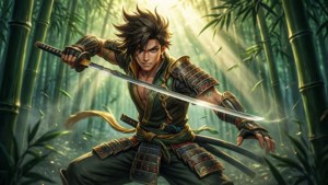 武士戰士在竹林中持刀，陽光穿透