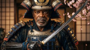 黑人男子穿著武士盔甲，在櫻花背景下手持武士刀。 — ROG Ally 壁紙