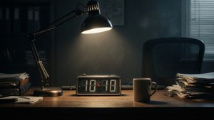 檯燈照亮了一個顯示10:18的時鐘，周圍有文件和一個馬克杯的夜晚場景。