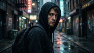 穿著黑色連帽衫、背著背包的男人在雨夜霓虹小巷中回頭看。