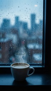 雨夜城市中，窗台上冒著熱氣的熱咖啡。