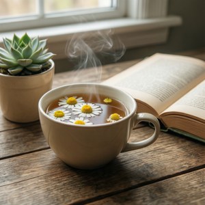 冒煙的洋甘菊茶配雛菊，旁邊有打開的書和多肉植物在木桌上。