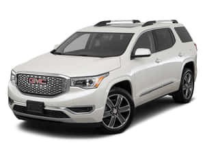 白色GMC Acadia SUV，配備黑色車頂行李架和合金輪圈，背景為白色。 — 低飽和 壁紙