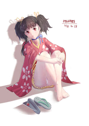 穿著紅色花卉和服的動漫女孩赤腳坐著，涼鞋在附近。 — iPad Pro 11 壁紙