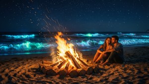 情侶在星光燦爛的沙灘上享受營火，伴隨著發光的海浪。
