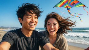 一對微笑的情侶在陽光明媚的海灘上放彩虹風箏。