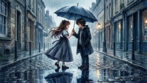 兩個動漫風格的青少年在雨夜的城市街道上一起撐傘。 — ROG Ally 壁紙