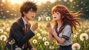 穿著校服的動漫青少年在陽光明媚的田野中吹蒲公英種子。