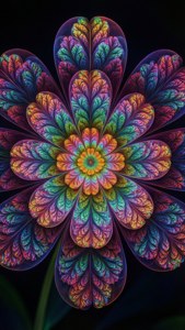 一朵在黑色背景上發出彩虹色光芒的分形花。