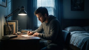 男人在燈下於桌上寫字，昏暗臥室