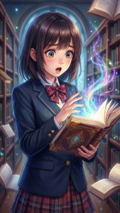 動漫女孩穿著校服對圖書館裡發光的魔法書感到驚奇