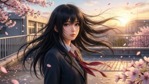 夕陽下，穿著校服的動漫女孩站在櫻花樹下。