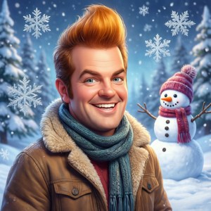 穿著冬季外套和圍巾的男子在雪地森林中雪人旁邊微笑。