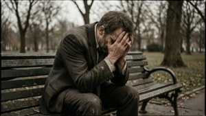 一個男人坐在公園長椅上用手遮住臉。