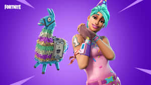 Fortnite角色在紫色背景前與羊駝皮納塔慶祝生日 — 慶祝 壁紙