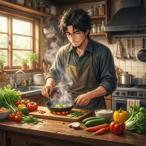 男人在廚房裡用新鮮農產品烹調蔬菜 — Pixel Watch 壁紙