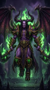 在黑暗的奇幻環境中，一個帶有綠色發光火焰和翅膀的惡魔形象。