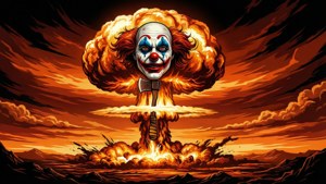 一個小丑頭核爆炸在血橙色天空下主導著貧瘠的景觀。