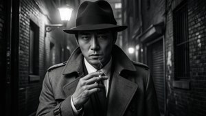 戴軟呢帽和 trench coat 的男人在黑暗小巷抽煙