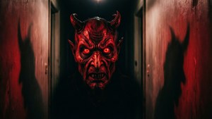 一個紅色的惡魔，眼睛發光，頭上有角，站在黑暗的走廊中投射出影子。