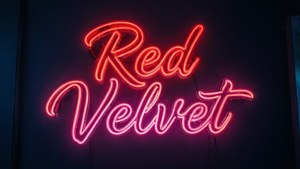 霓虹燈招牌寫著 Red Velvet，發出紅色和粉紅色的光芒。