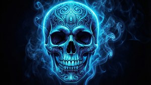 發光的藍色頭骨，帶有複雜圖案，被旋轉的煙霧包圍。 — ROG Ally 壁紙