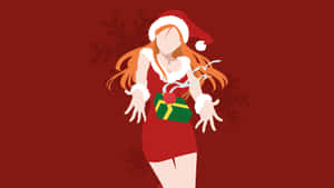 穿著聖誕老人服裝的動漫女孩拿著禮物盒，背景有雪花。 — 聖誕老人 壁紙