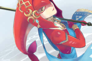 身穿紅藍盔甲的動漫戰士在雪景中手持長矛。 — 薩爾達傳說 壁紙