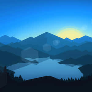 日落時分的山間湖泊，層疊的藍色山峰和發光的太陽。 — iPad Pro 12.9 壁紙