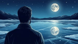 男人夜晚站在結冰湖上觀看滿月倒影