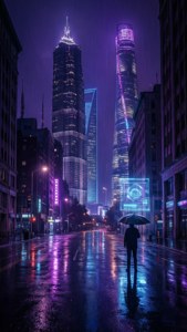 人撐傘在夜間雨中的霓虹街頭行走