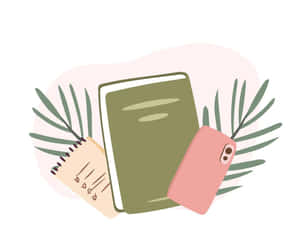 一本書、電話和筆記本被葉子環繞，適合學習或寫日記。 — 教育 壁紙