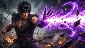 動漫戰士在爆炸戰鬥場景中發射紫色能量衝擊波