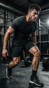 穿著黑色運動服的運動型男人在健身房裡做弓步，旁邊有槓鈴。