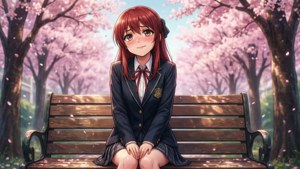 動畫女學生穿著校服坐在櫻花下的長椅上