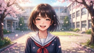 動漫女孩穿著水手服在學校櫻花下微笑。