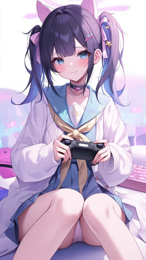 貓耳動漫女孩在色彩繽紛的房間裡拿著遊戲控制器。 — 動畫女孩 壁紙