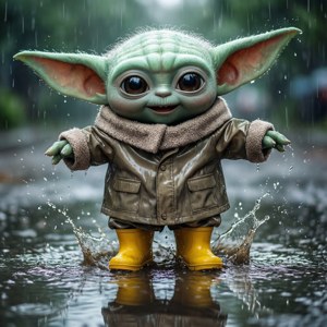Baby Yoda 穿著雨衣和靴子，帶著快樂的表情在雨水坑中濺水。