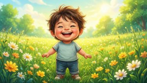 一個快樂的幼兒在陽光明媚的雛菊和野花田裡笑。