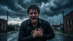 雨中男人在街上抓著胸口痛苦尖叫。