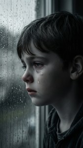 一個悲傷的男孩在雨窗前哭泣。