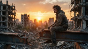 一個男人坐在廢墟城市的鋼樑上，夕陽西下。