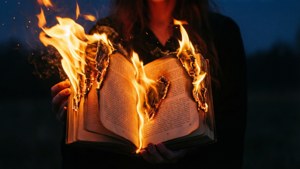 暮色中拿著一本燃燒的書的人。