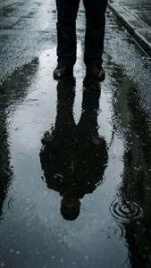 站在雨水坑中的人，在濕漉漉的人行道上水中有倒影。