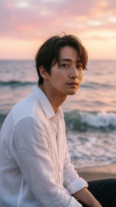 日落時分身穿白襯衫的年輕男子坐在沙灘上
