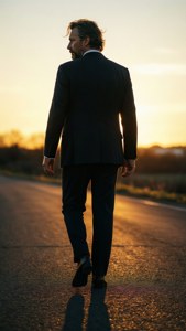 身穿西裝的男人在金色日落時分在路上走開