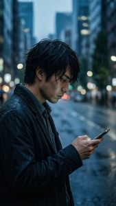 年輕男子穿著雨衣在濕漉漉的城市街道上黃昏時分看手機。