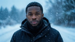 一個穿著冬天外套的男人在暴風雪期間站在雪森林中。