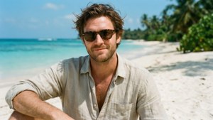 戴著太陽眼鏡的男人在熱帶海灘上微笑，背景是碧綠的海水和棕櫚樹。